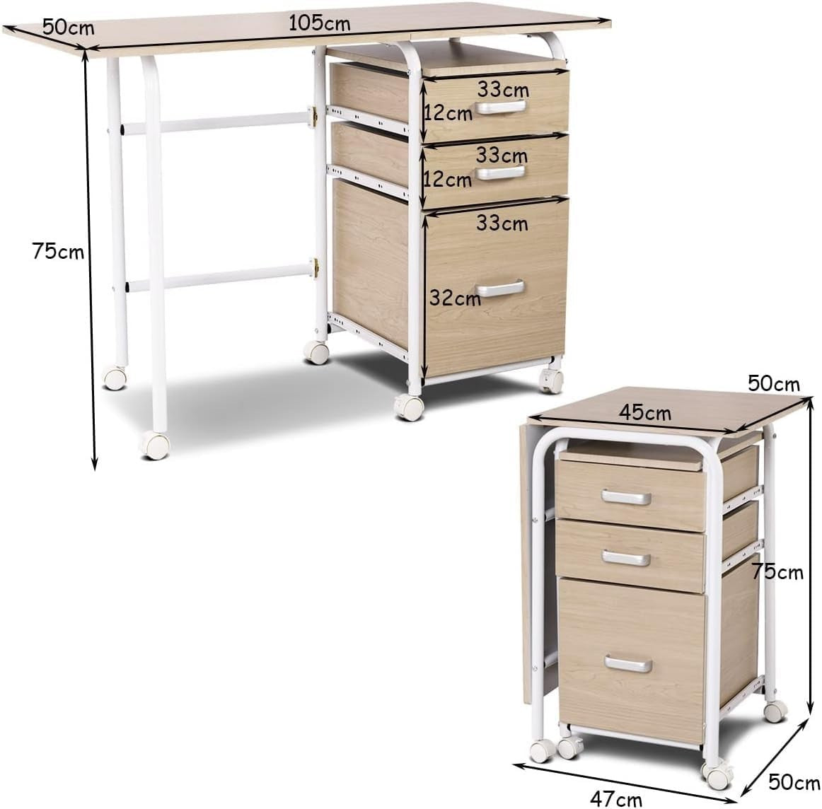 Folding Computer Desk Oak with Wheels & Drawers 105x50x75cm Workstation