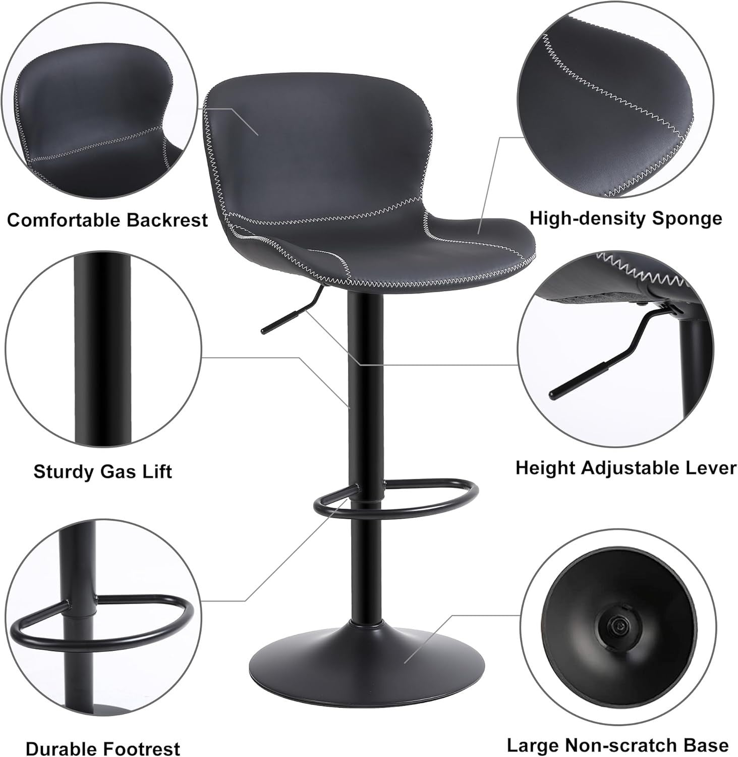Black PU Leather Bar Stools Set of 4 | Adjustable Swivel Counter Chair