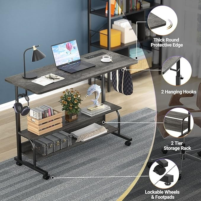 Rolling Standing Desk Adjustable Height with Power USB C-Shaped Mobile Table
