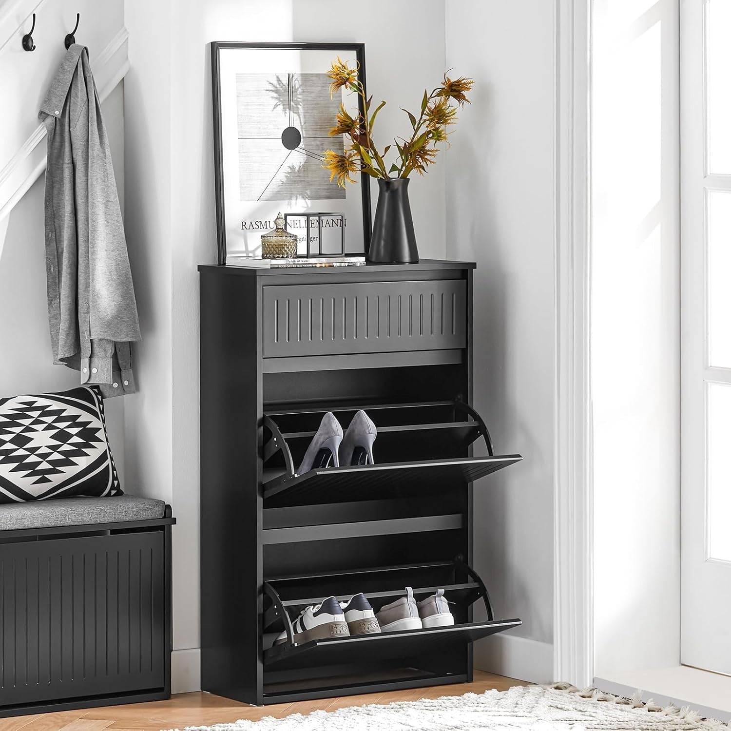 Slim Black Shoe Storage Cabinet 2 Flip + 1 Pull-Out Drawer, Space Saver