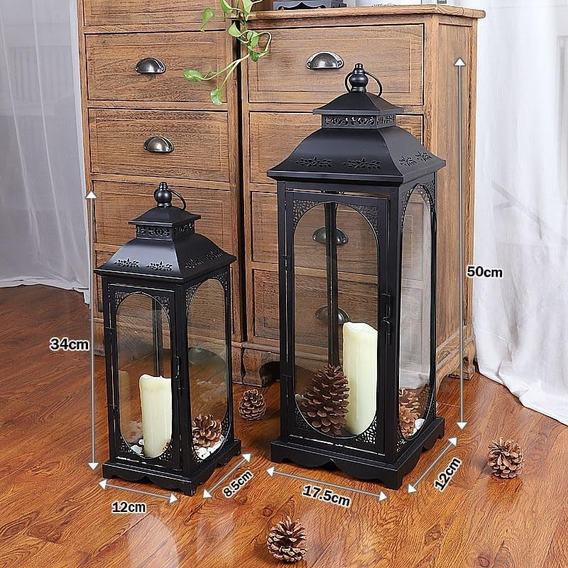 Set of 2 Black Garden Lanterns Steel Outdoor Candle Holders