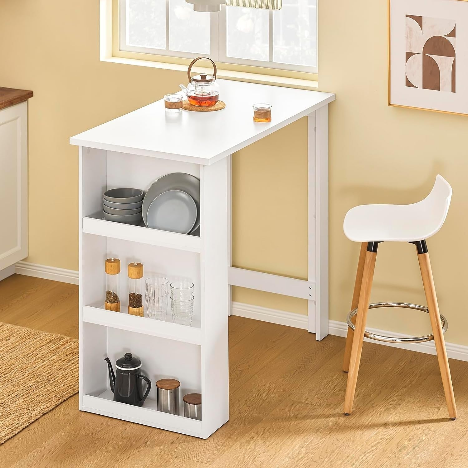 White Breakfast Bar Table with 3-Tier Storage Shelves Modern Dining Desk