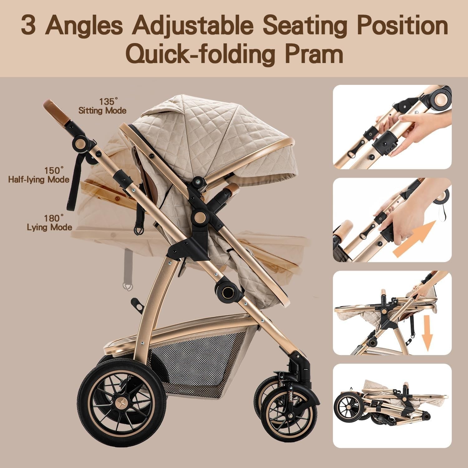 Baby Pram Travel System 3 in 1 Adjustable Handle Stroller Newborn