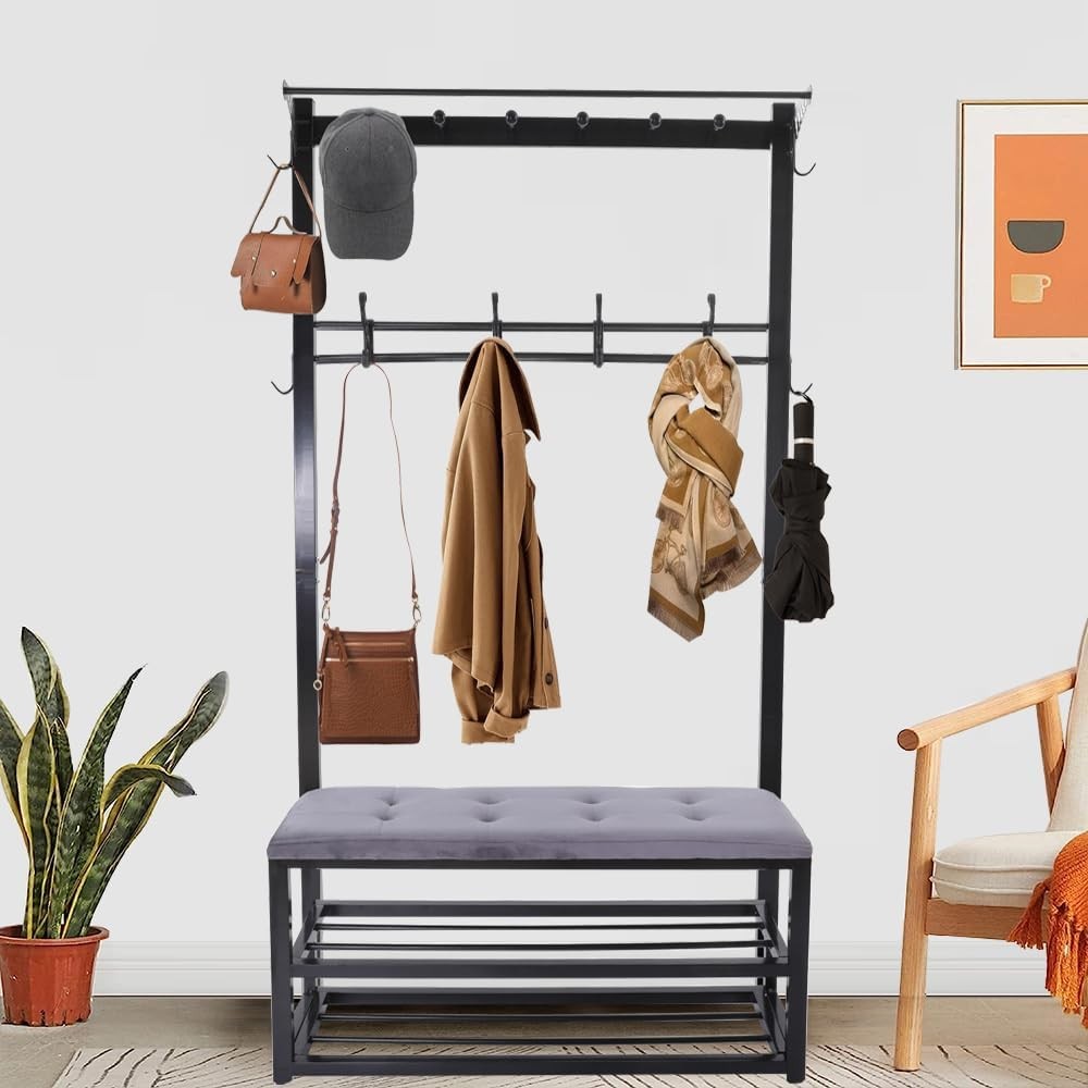 Industrial Hall Tree Coat Rack with Bench | Shoe Storage Shelf 100cm Black