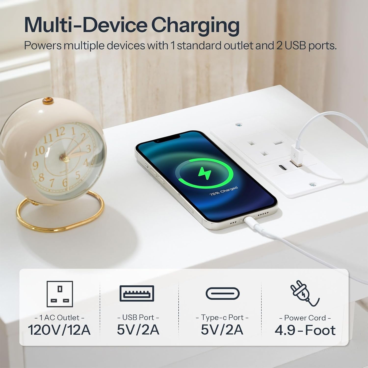 Modern LED Bedside Table with Charging Station & 2 Drawers – White Nightstand