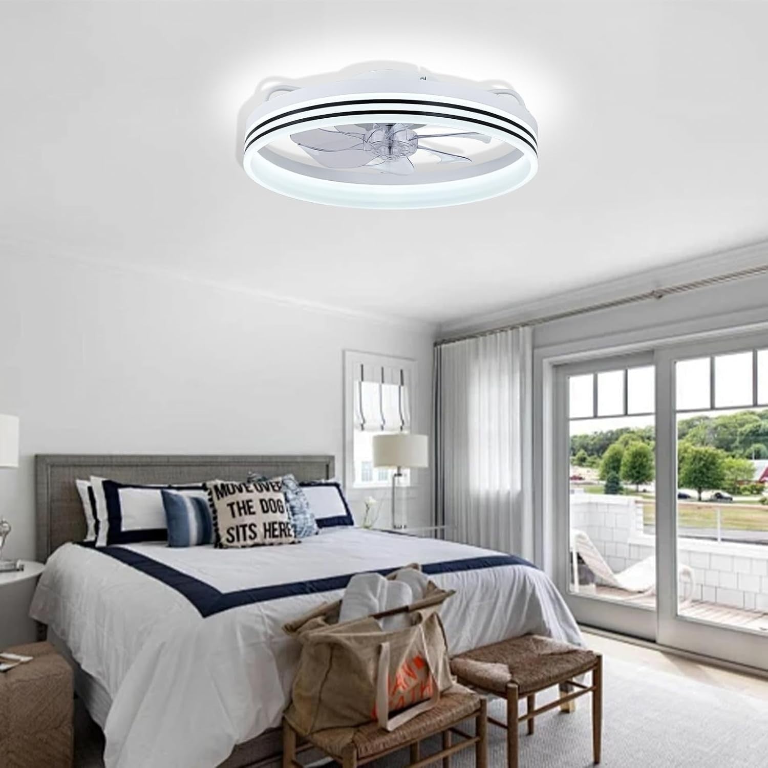White LED Ceiling Fan, 6 Speeds, Dimmable, Color Change, Remote