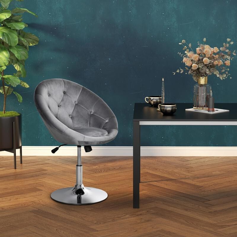Grey Velvet Swivel Bar Stool Chair Tufted Back Height Adjustable Seat