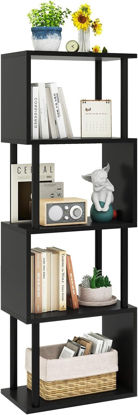 5 Tier S Shaped Bookcase Black Modern Wood Display Storage Shelf 155cm