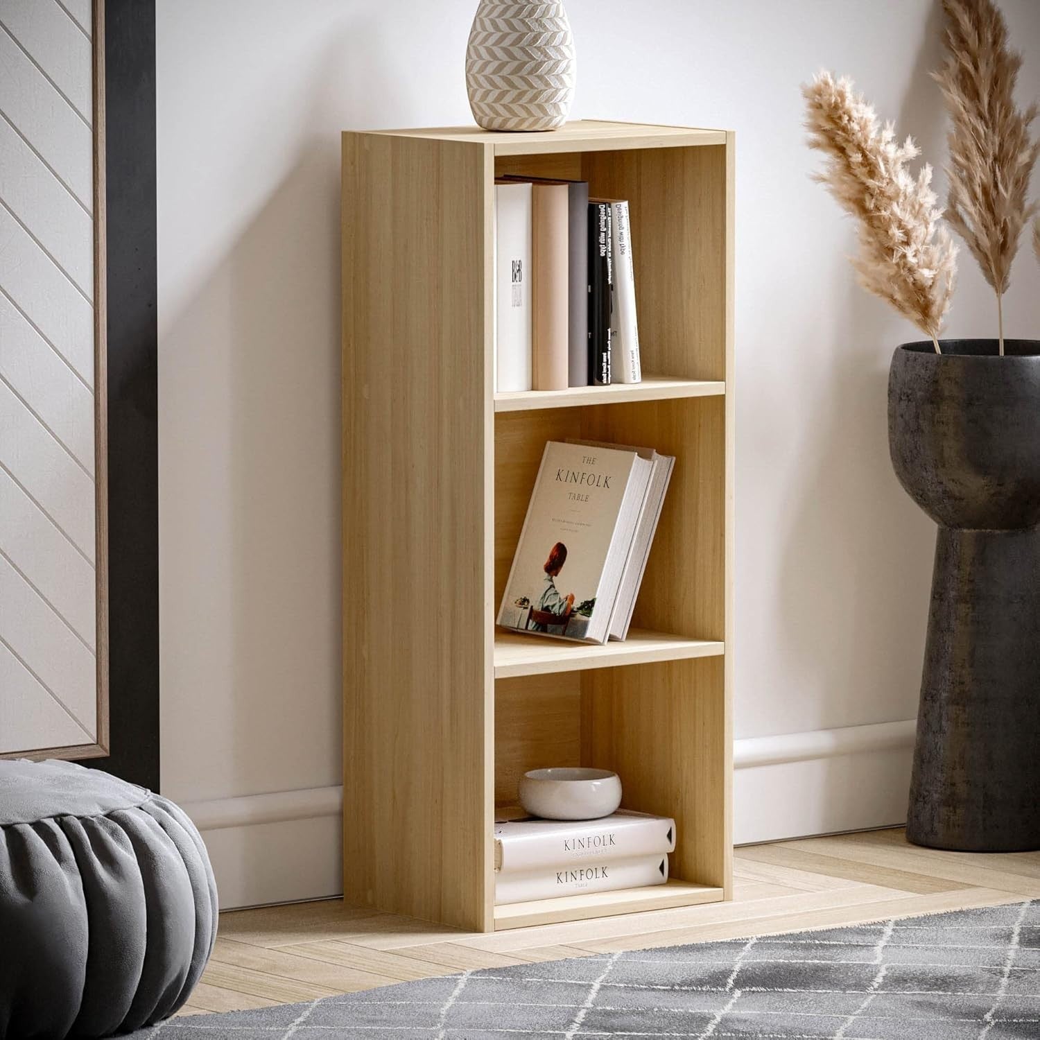 3 Tier Oak Wooden Cube Bookcase Small Storage Shelf for Living Room Office