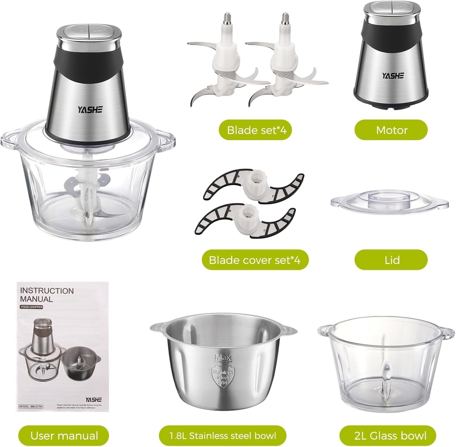 500W Food Processor Chopper 1.8L Glass 2L Steel Bowl Dual Blade