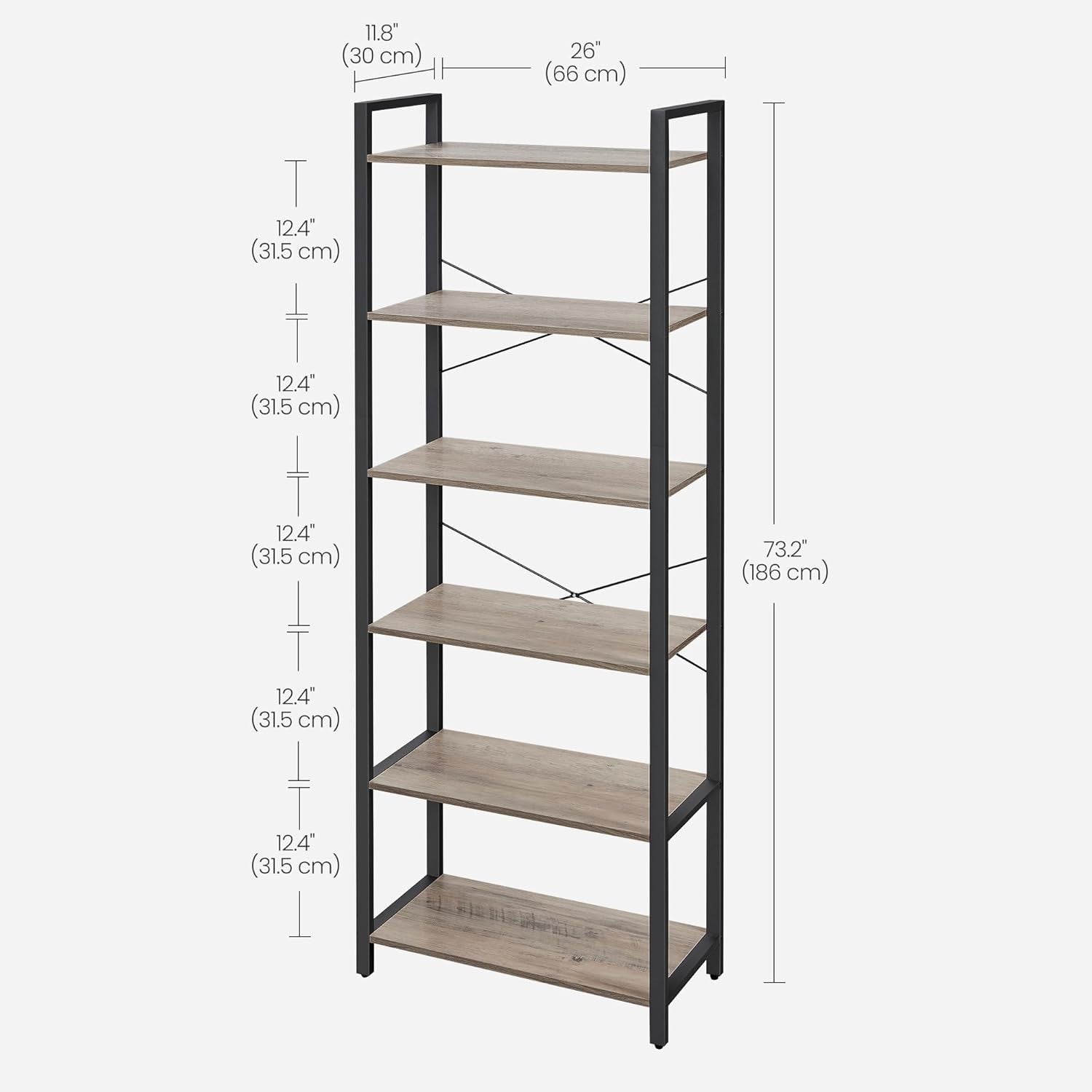 6-Tier Industrial Bookshelf 186cm Tall Wide Storage Unit Heather Greige
