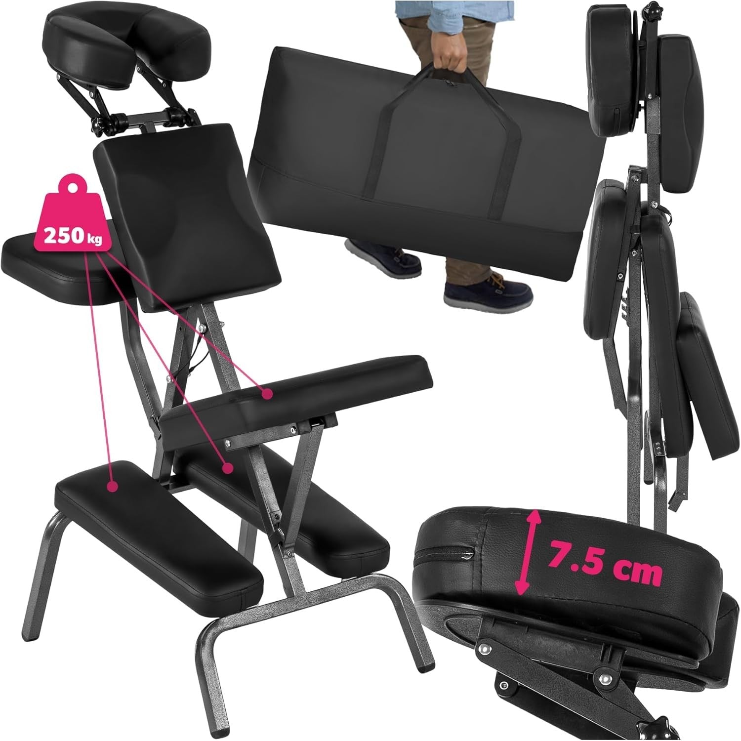 Adjustable Massage Chair Extra Thick Padding Foldable Portable 200kg Black