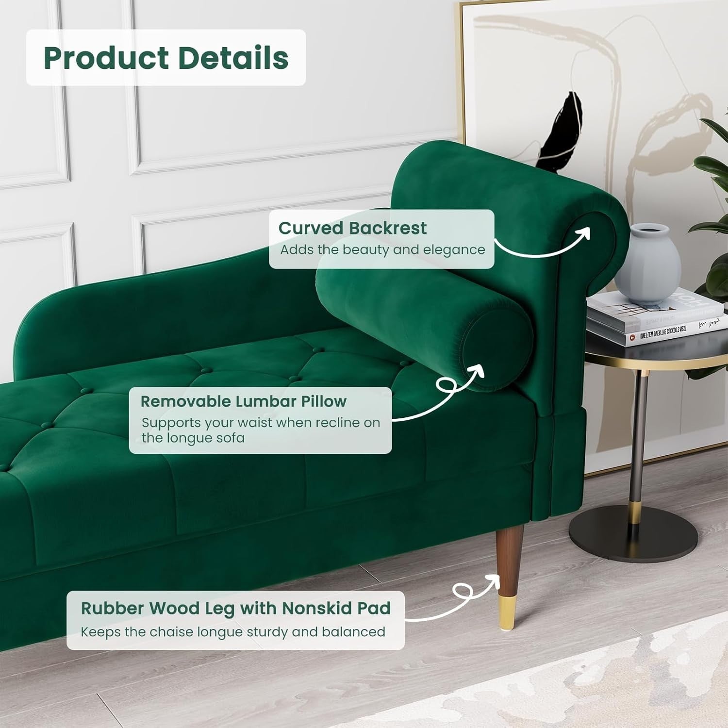 Luxury Green Velvet Chaise Lounge Sofa Right Armrest – Space-Saving & Comfy