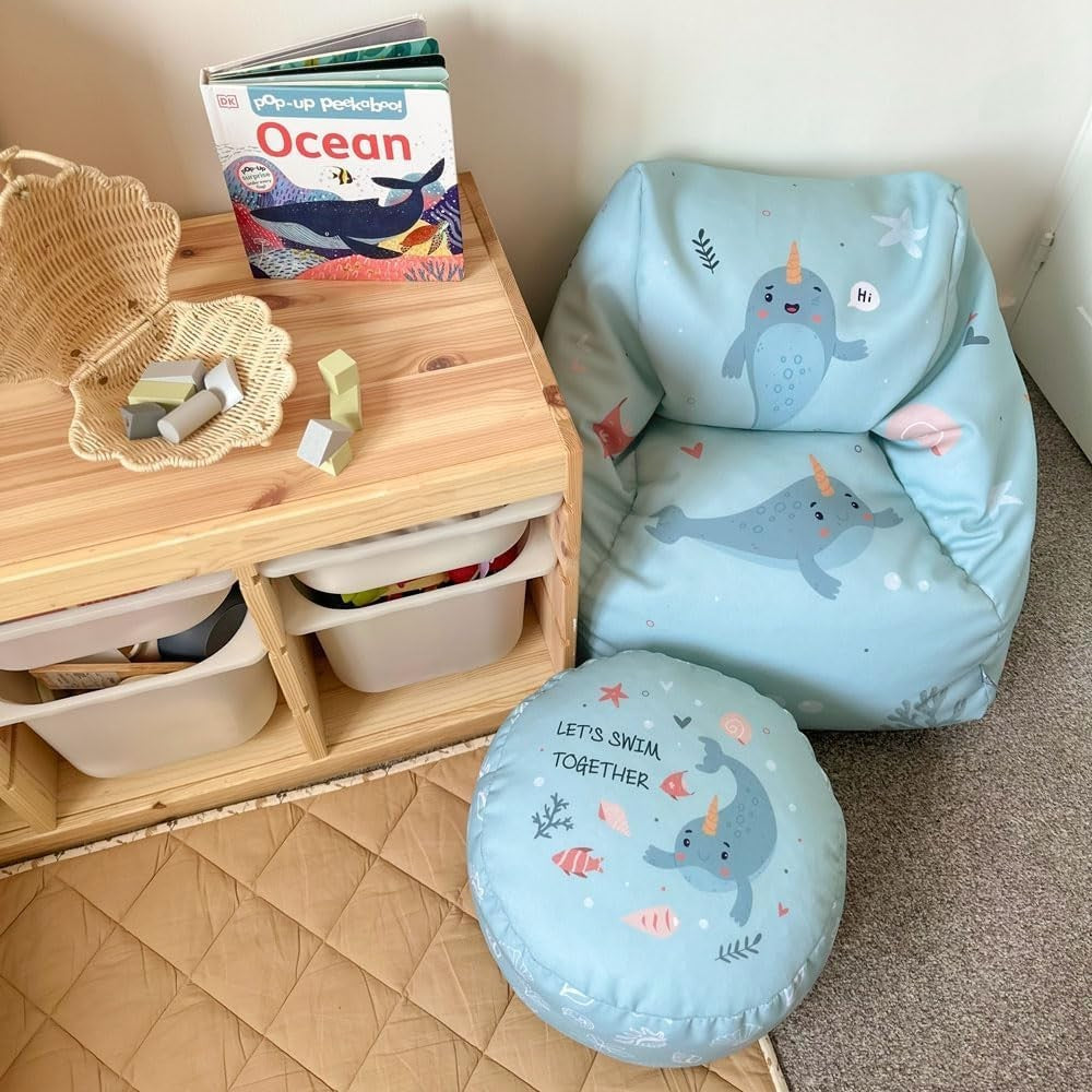 Kids Sea Themed Bean Bag Chair - Toddler Armchair Seat w/ Filling