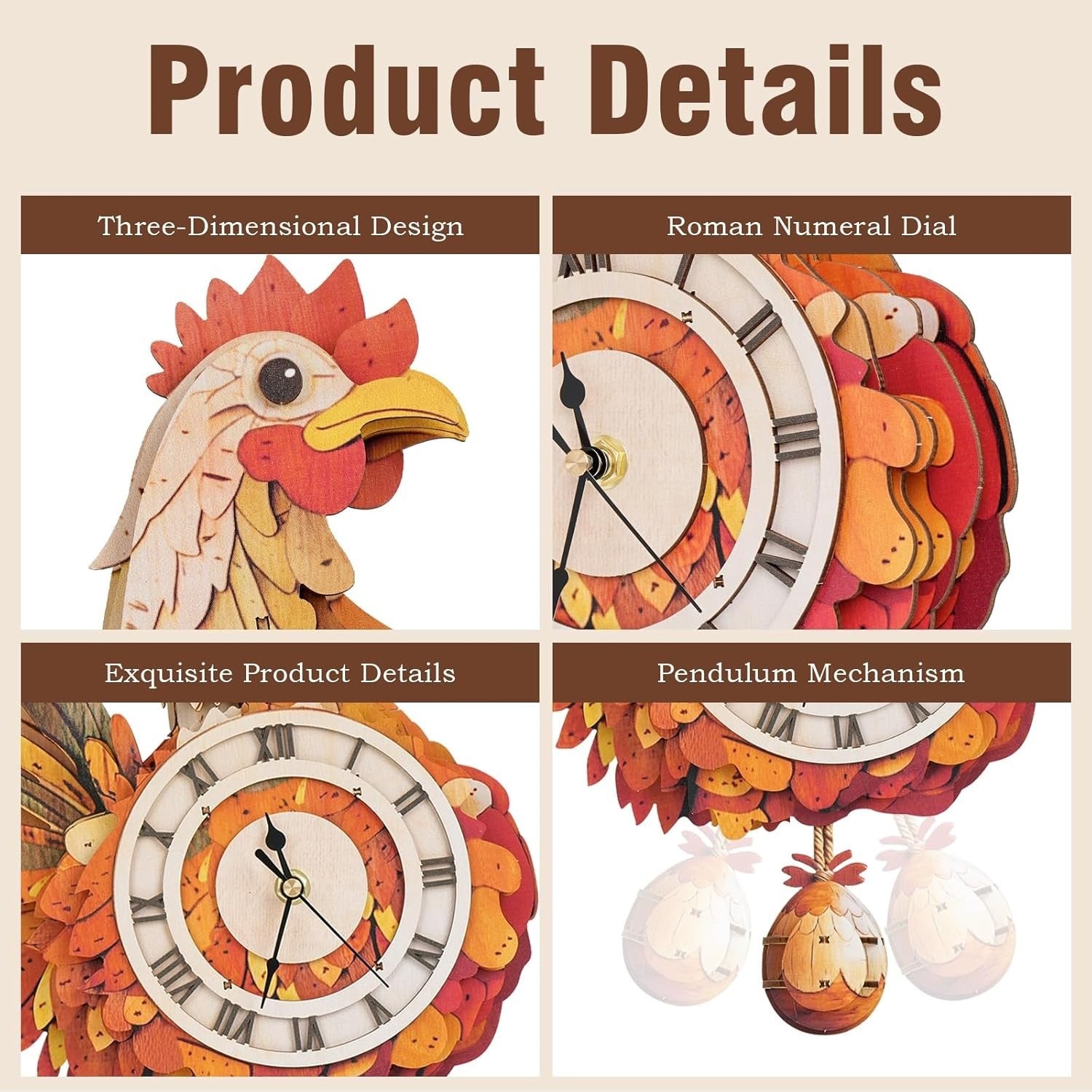 3D Wooden Cackling Wall Clock Puzzle, Precision Craft, Fun Home Decor