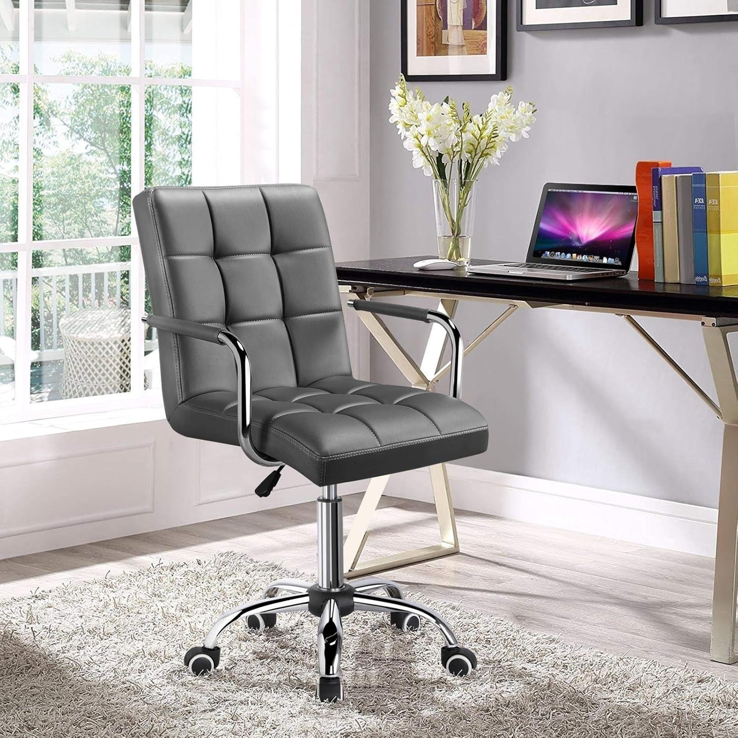Grey Faux Leather Office Desk Chair Adjustable Height Swivel Study Home