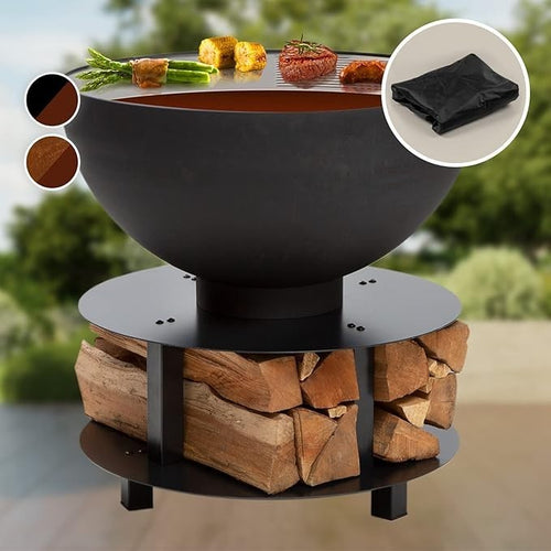 Outdoor Fire Pit with BBQ Grill Round Steel Bowl Weatherproof Portable Heater