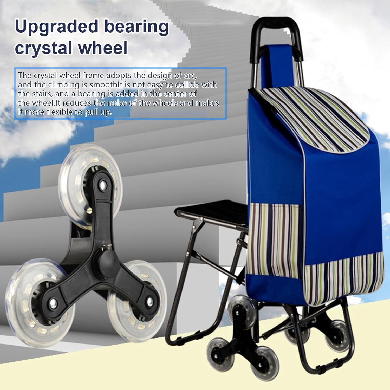 Shopping Trolley Stair Climber Foldable 2-in-1 Wheels with Seat