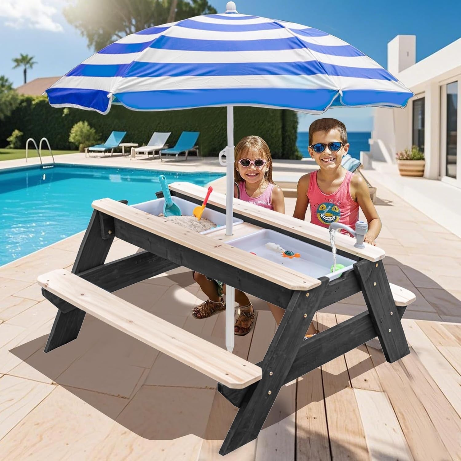 Kids 3in1 Sand & Water Activity Table Wooden Outdoor Picnic Table w/ Umbrella