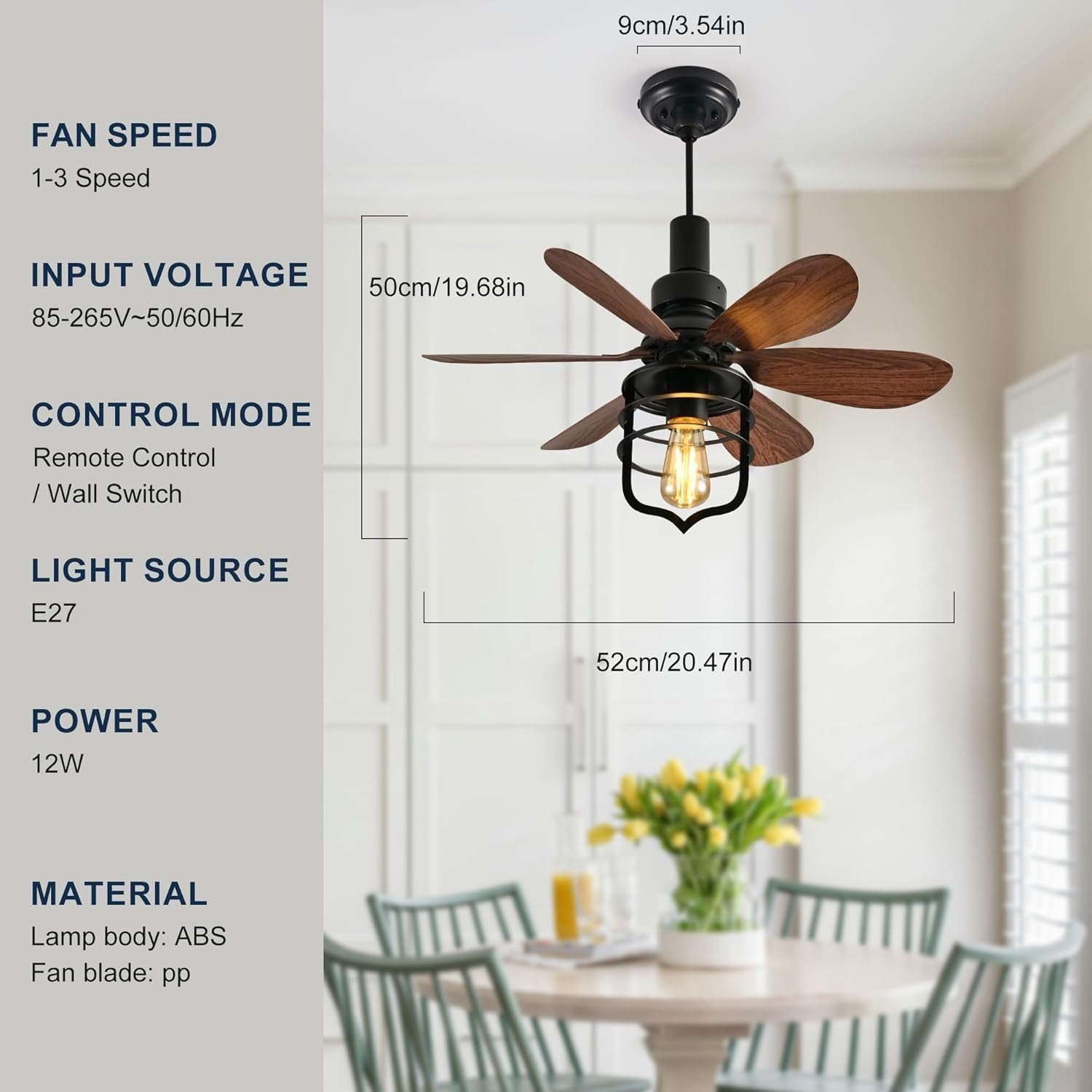 Ceiling Fan Light with Remote, 3 Speeds, Industrial Style, Black E27 Lamp