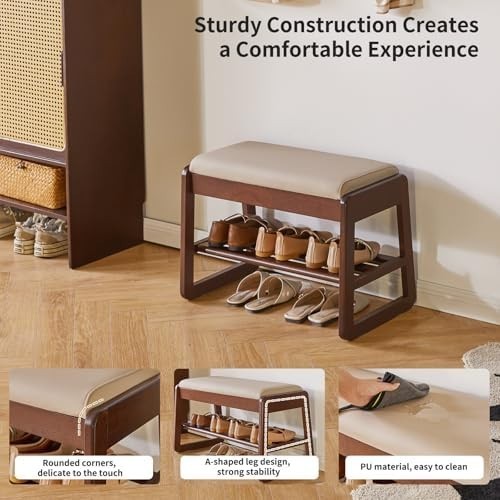 Walnut 2-Tier Wooden Shoe Storage Bench with Flip-Top & Cushion Seat – 60cm