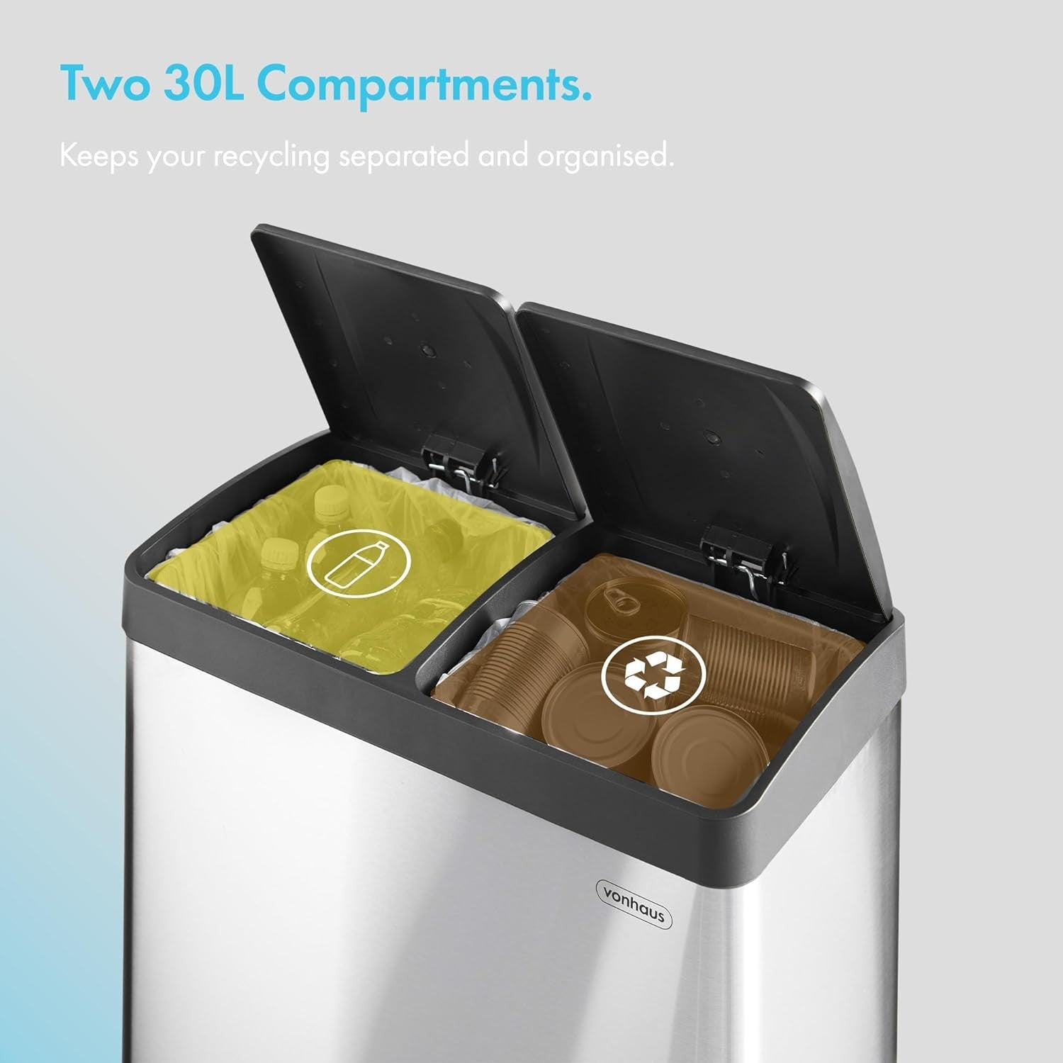 60L Dual Compartment Kitchen Bin | Touch-Free Recycling Waste Bin