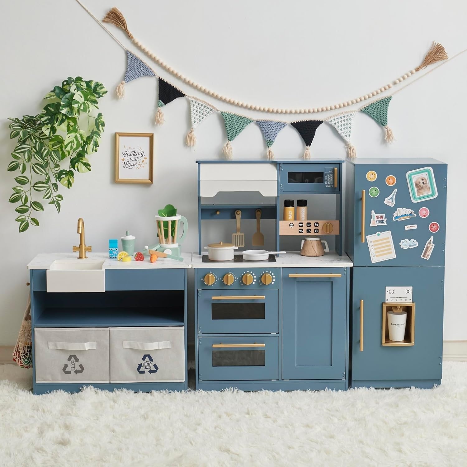 Modular Wooden Kids Play Kitchen Ice Dispenser Blue Toy Set