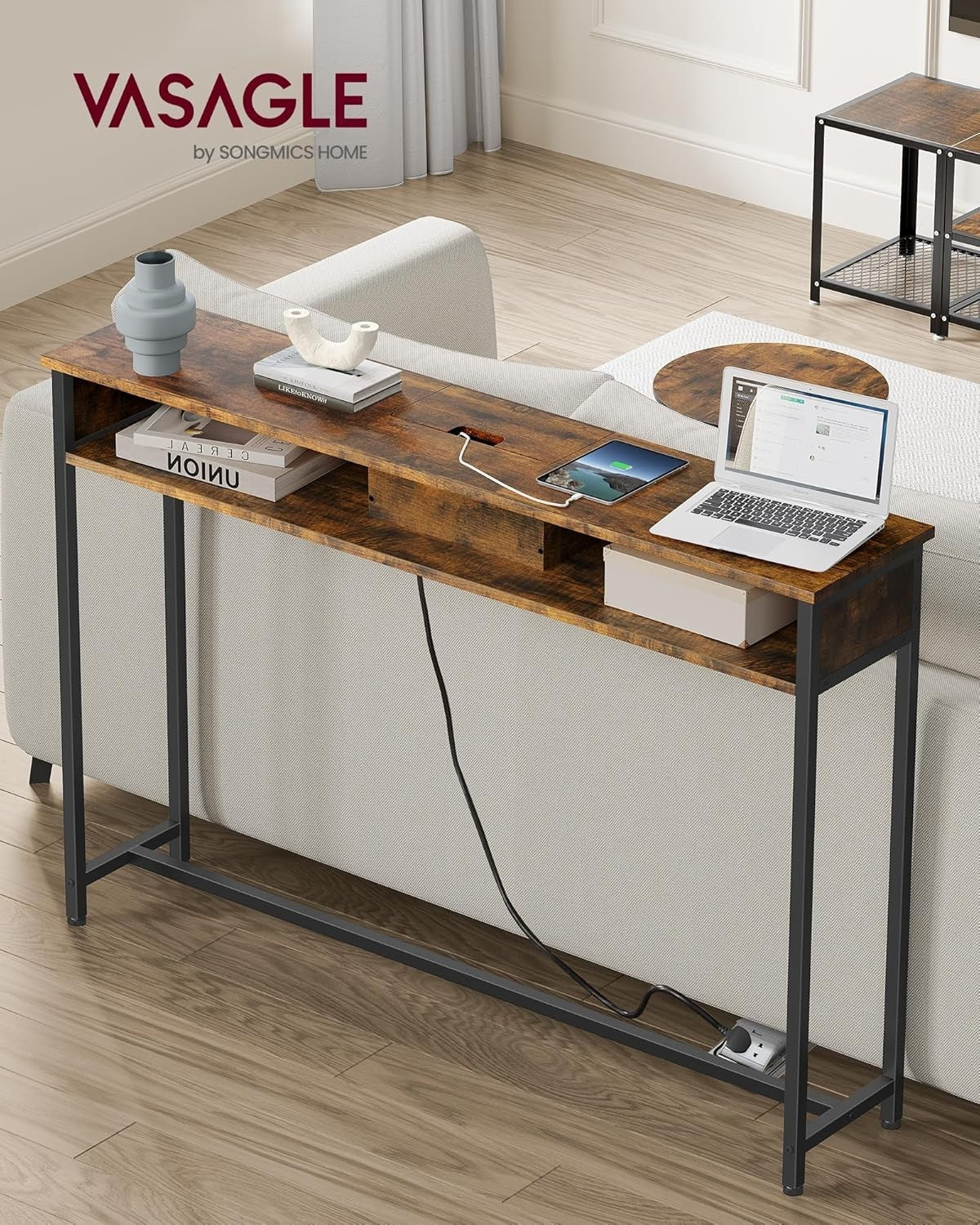 Slim Console Table with Charging Station, USB Ports, Rustic Brown, 120cm