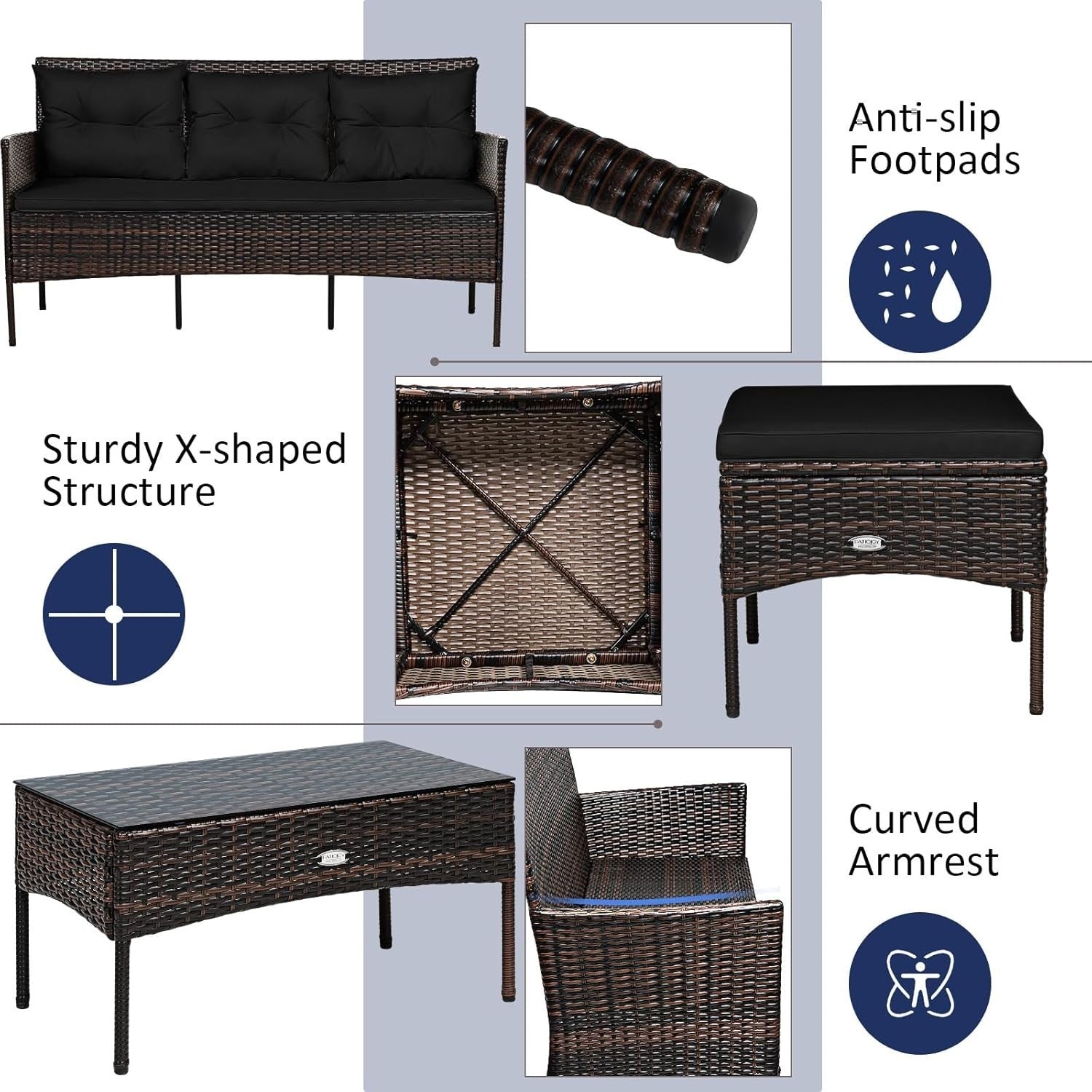 Black Rattan Corner Garden Sofa Set 4 Seater Patio Lounge Table Stool