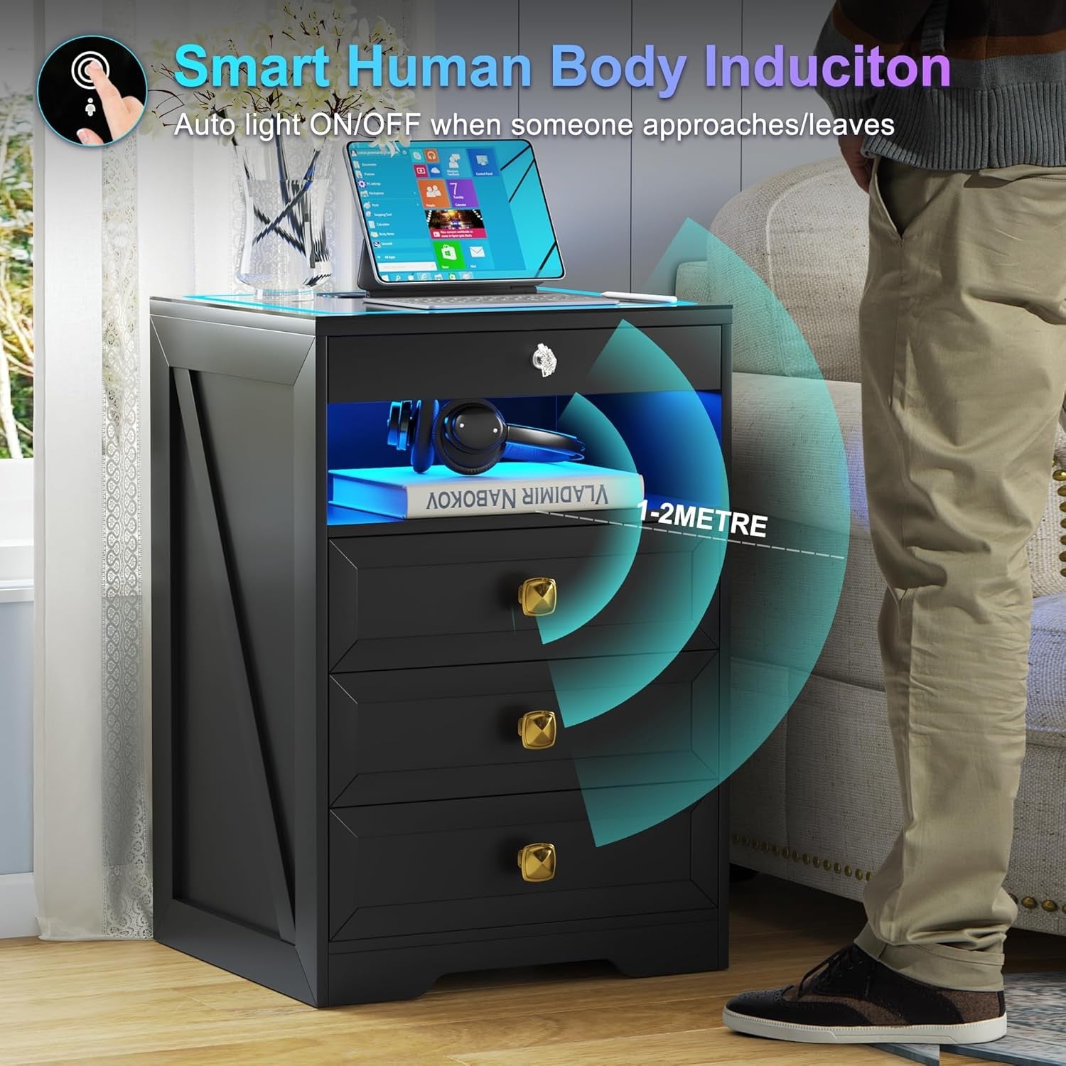 Black LED Bedside Table Wireless Charging, Glass Top & Hidden Drawer