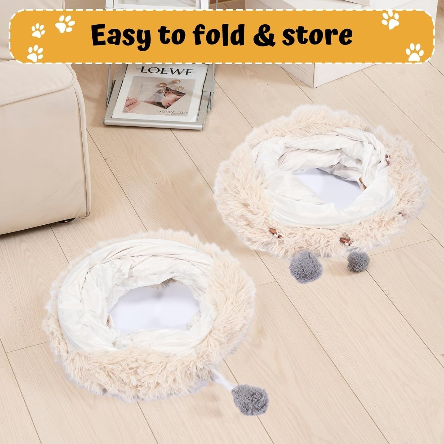 Cat Tunnel Bed Plush Donut Play Tunnel Large Circle w Cushion Beige