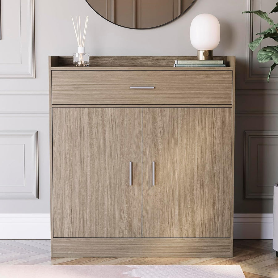 Modern Shoe Cabinet Oak Finish | 2 Door 1 Drawer Storage Unit Hallway Organiser
