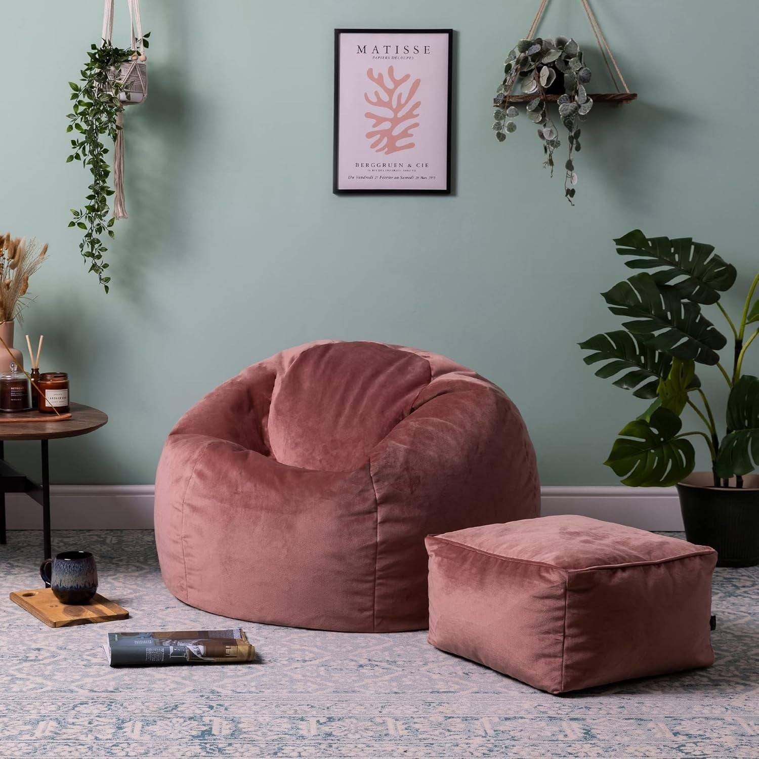 Velvet Bean Bag Chair w/ Footstool Dusk Pink Adult Size Luxury Seat