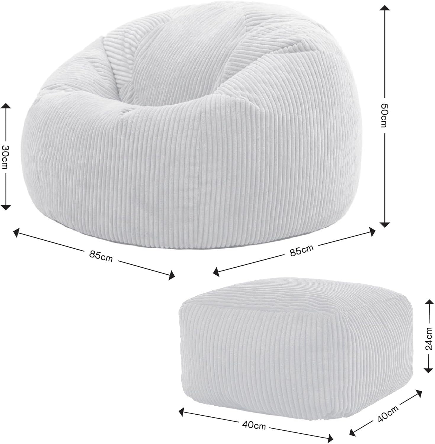 Navy Cord Bean Bag Chair with Footstool Adult Comfy Lounge Seat Set
