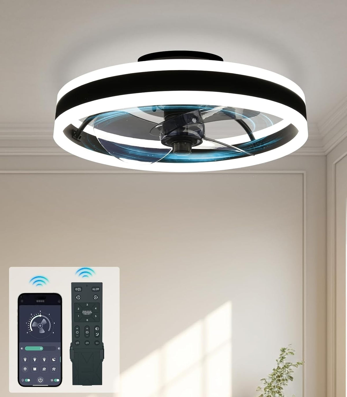 40cm Smart Ceiling Fan Light, 6 Speeds, Dimmable LED, Reversible, Quiet Black