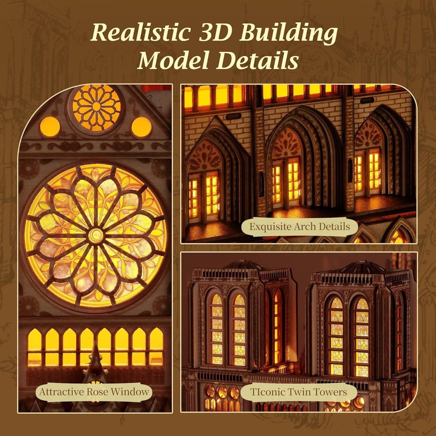 3D Wooden Cathedral Puzzle with LED – DIY Gothic Model Kit for Adults