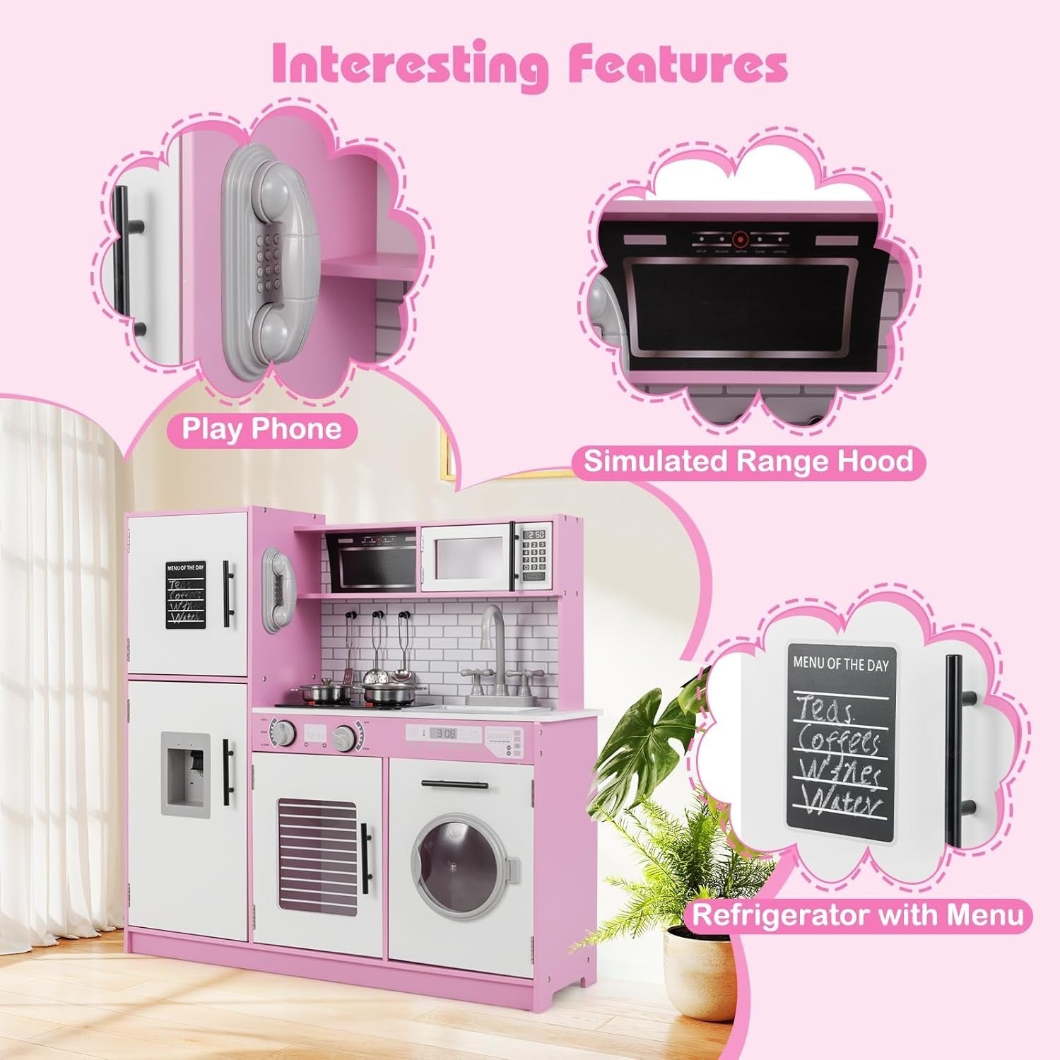 Kids Wooden Play Kitchen Lights Sounds Washing Machine Pink Toy