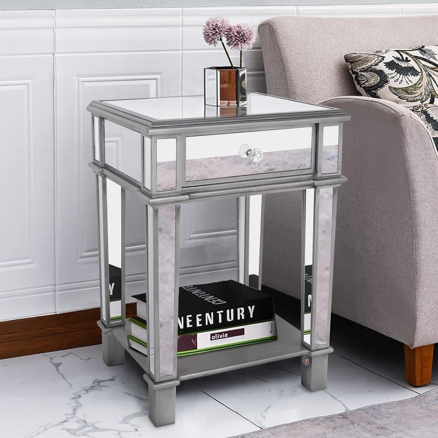 Silver Mirrored Bedside Table with Drawer & Shelf – Luxury Glass Nightstand