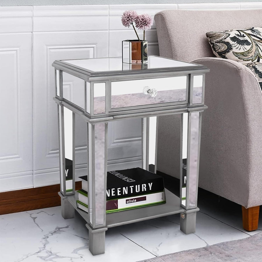 Silver Mirrored Bedside Table with Drawer & Shelf – Luxury Glass Nightstand