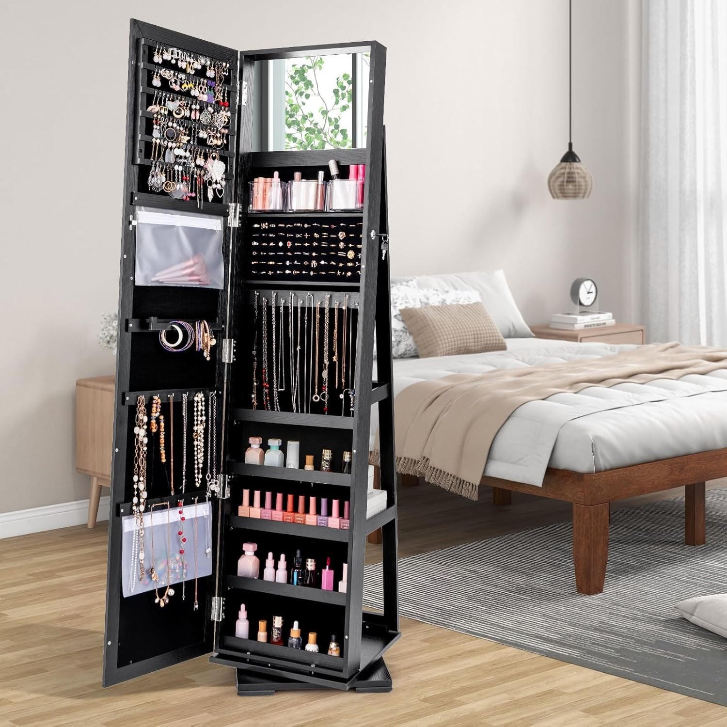 Black 360° Swivel Jewelry Cabinet Mirror Lockable 3-in-1 Storage Stand