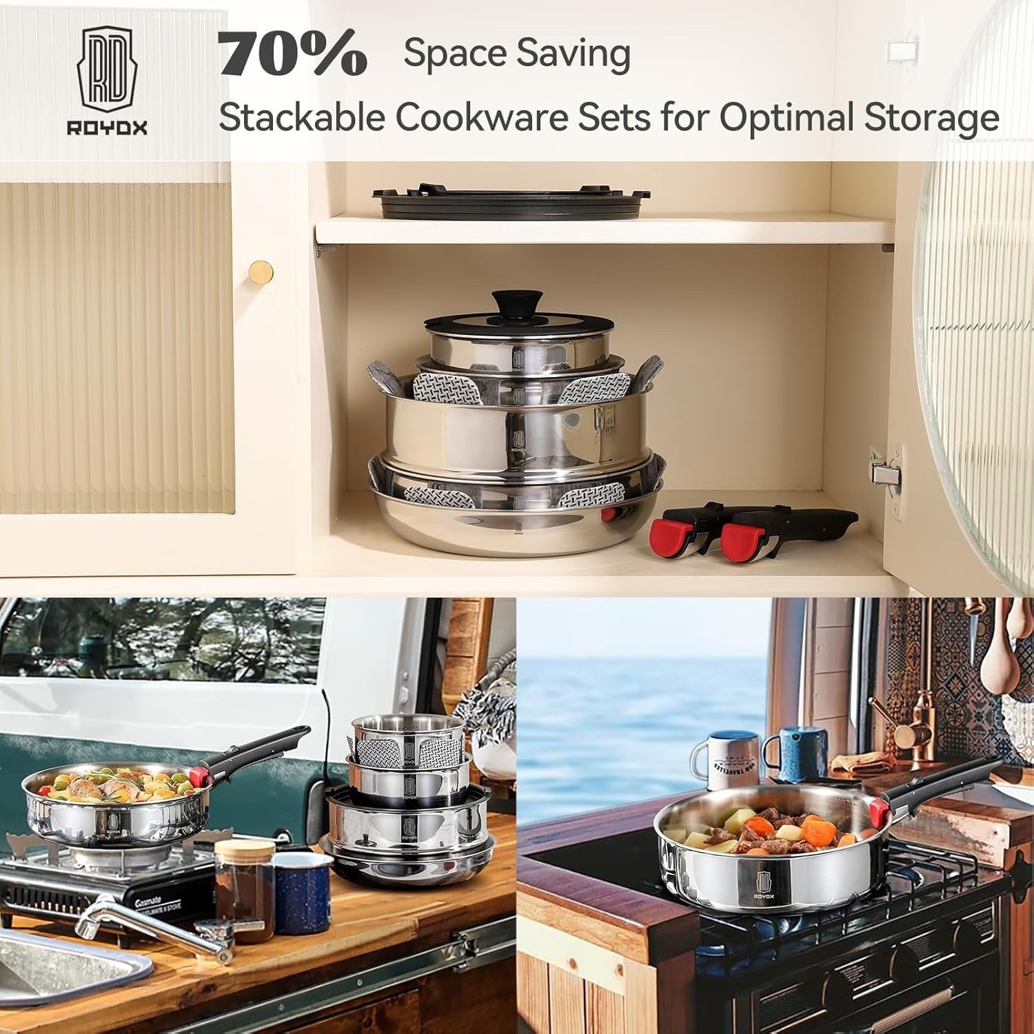 16Pcs Stainless Steel Stackable Cookware Set with Detachable Handles