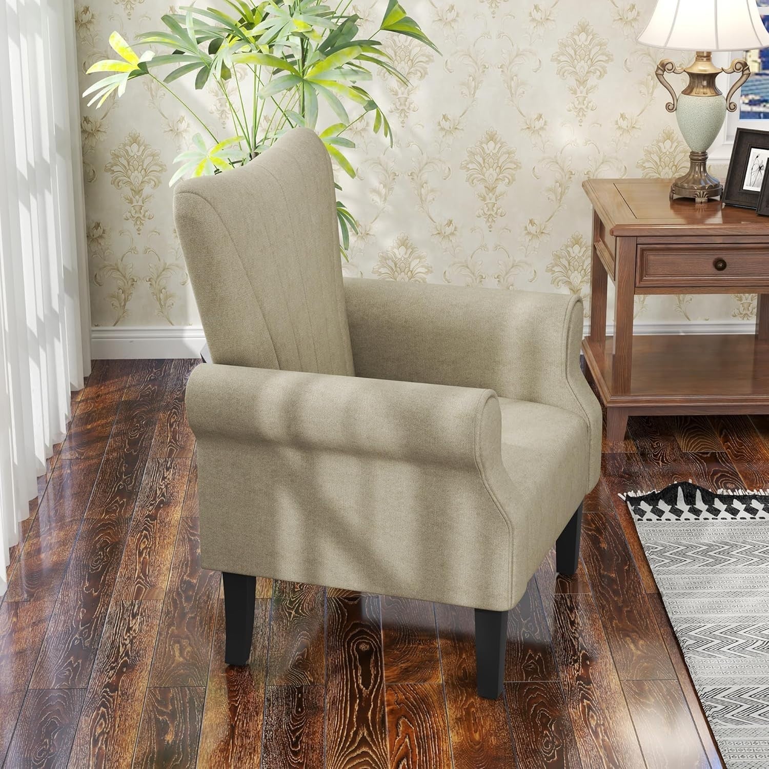 Beige Upholstered Accent Armchair with High Back & Rolled Arms, Living Room