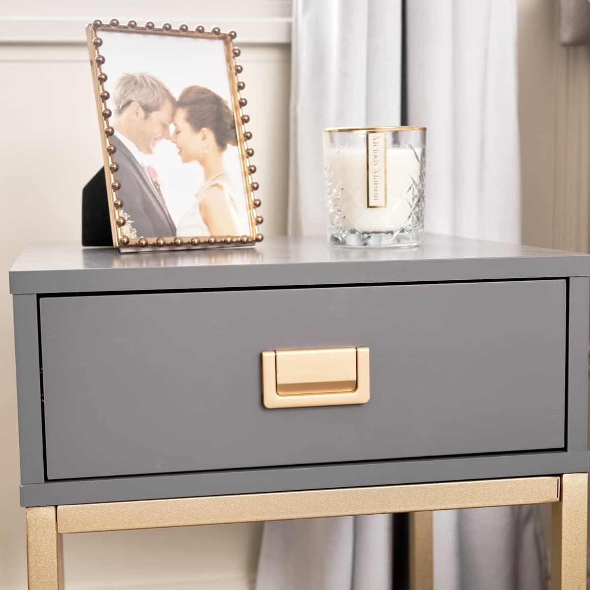 Pair of Grey Bedside Tables with Drawer & Gold Legs – Modern Slate Nightstands