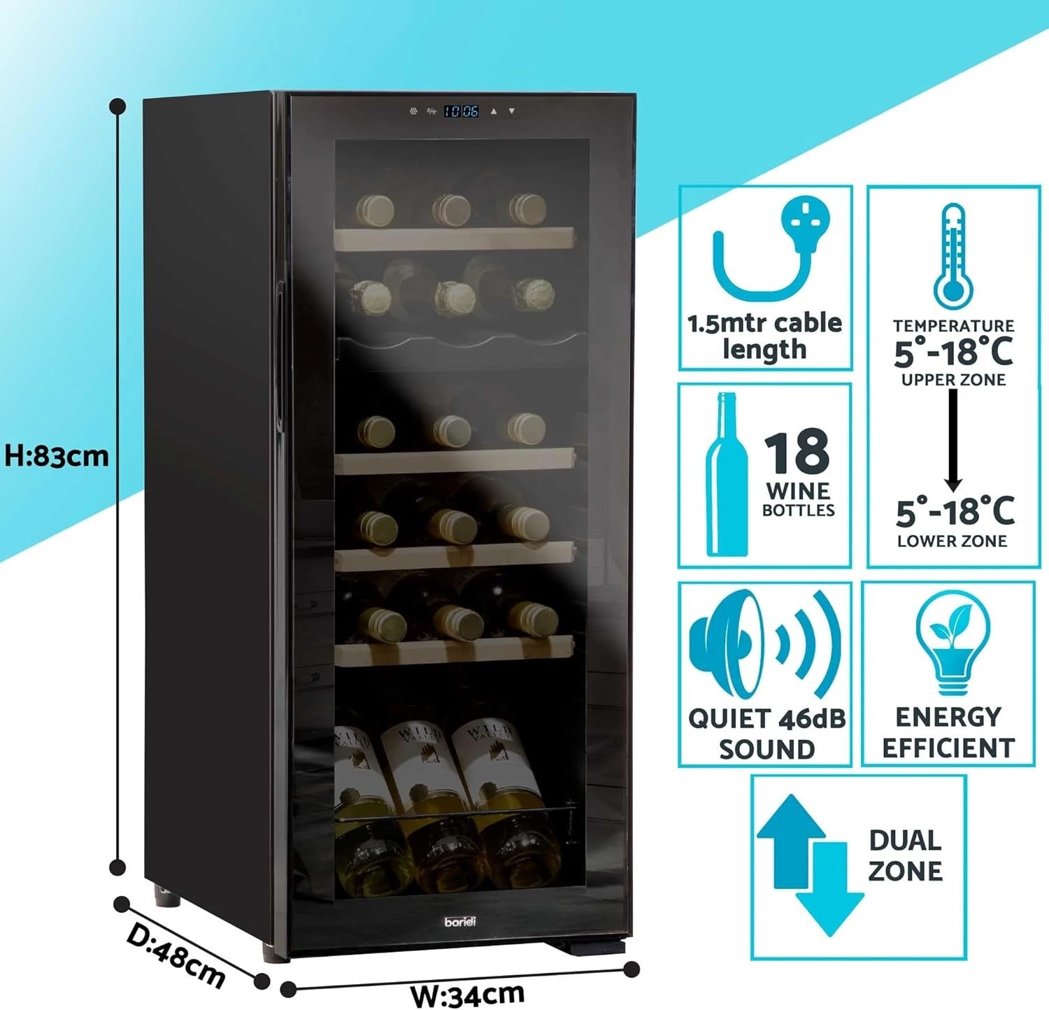 Dual Zone Wine Cooler Fridge Touch Screen LED Glass Door 18 Bottle Black