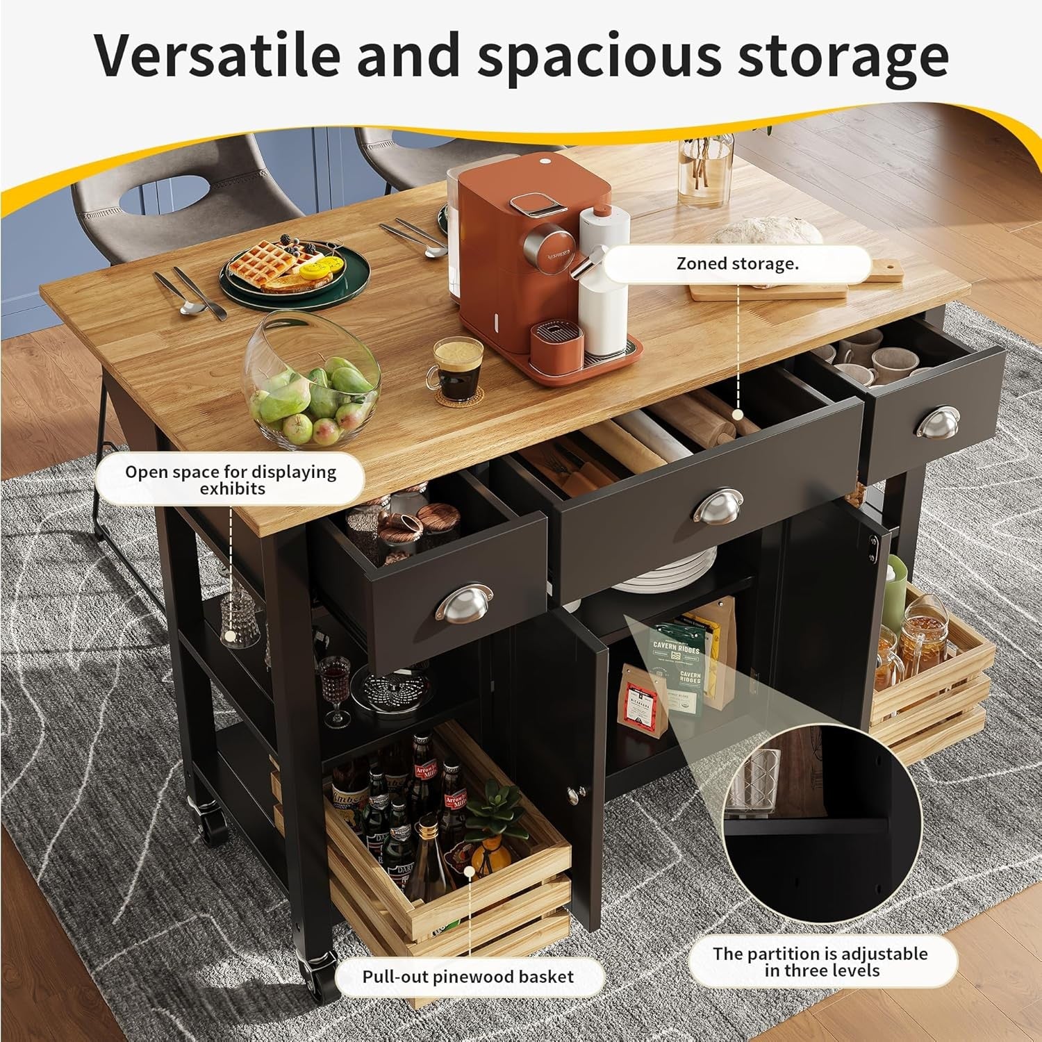 Kitchen Island Trolley on Wheels with Drawers & Folding Side Table Storage