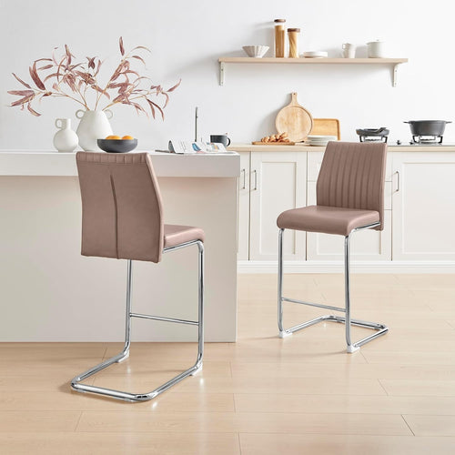 Modern Cappuccino Bar Stools Set of 2 – Faux Leather Cantilever Chairs