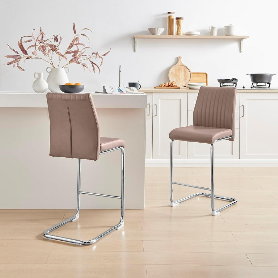 Modern Cappuccino Bar Stools Set of 2 – Faux Leather Cantilever Chairs