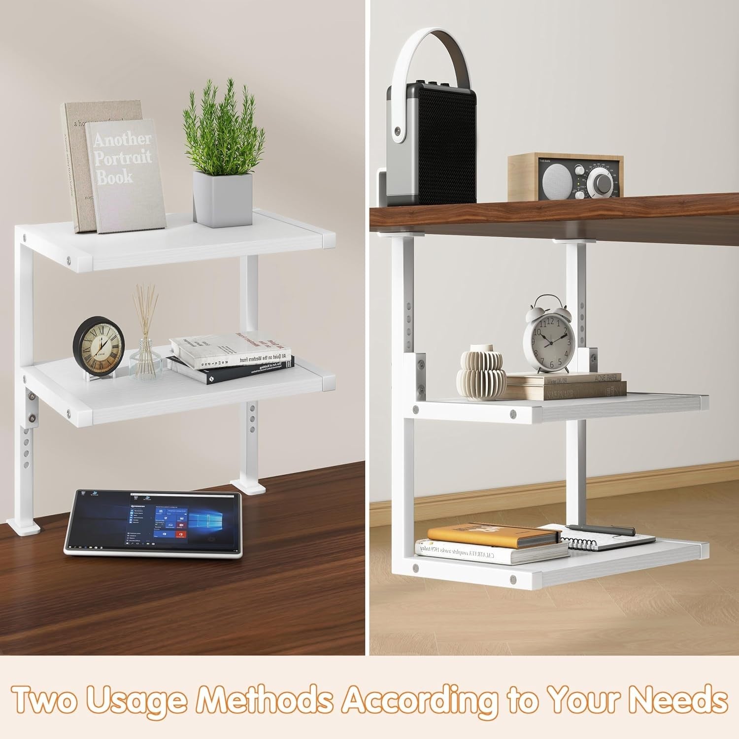Clamp-On 2-Tier Adjustable Desk Shelf Organizer Rustic Brown 33cm