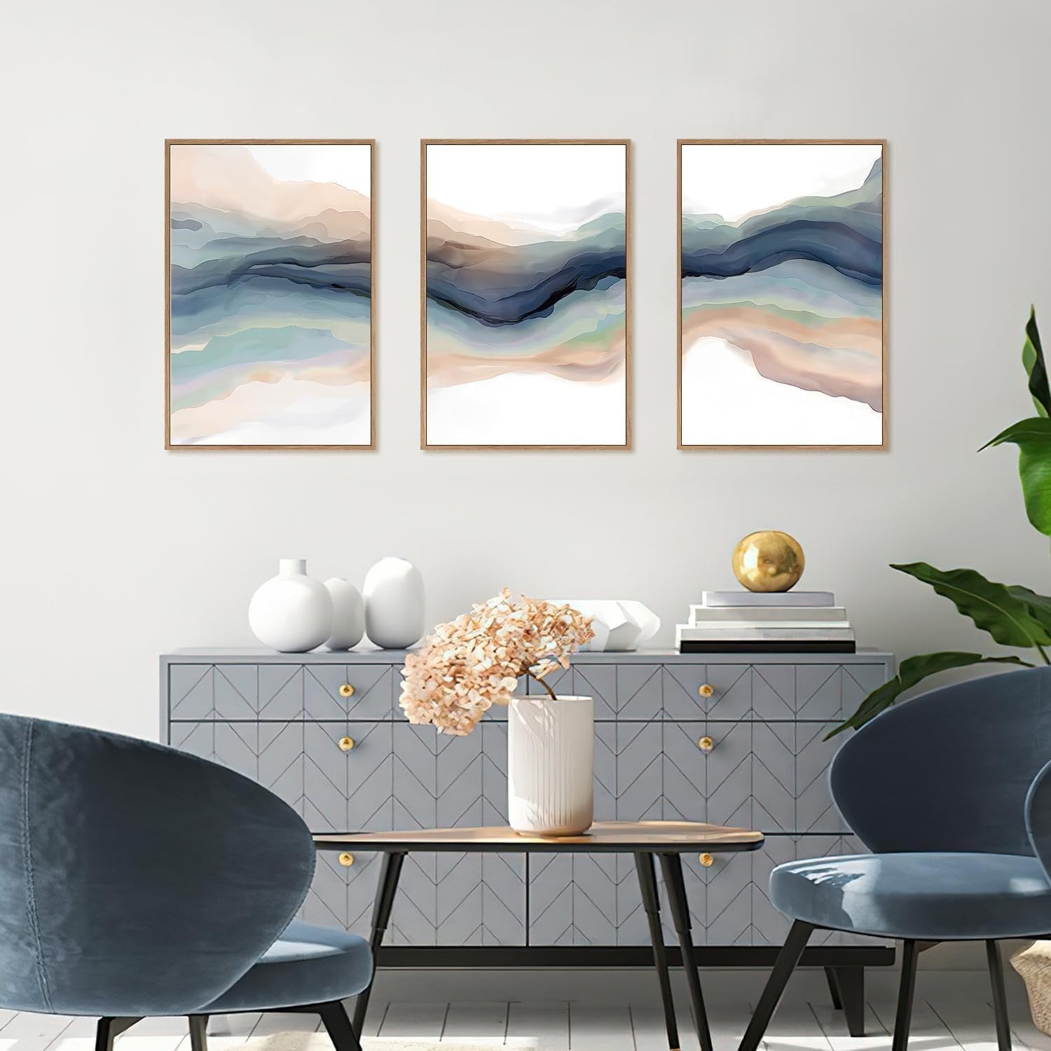 3 Piece Modern Wave Abstract Canvas Wall Art 30x40 cm Framed
