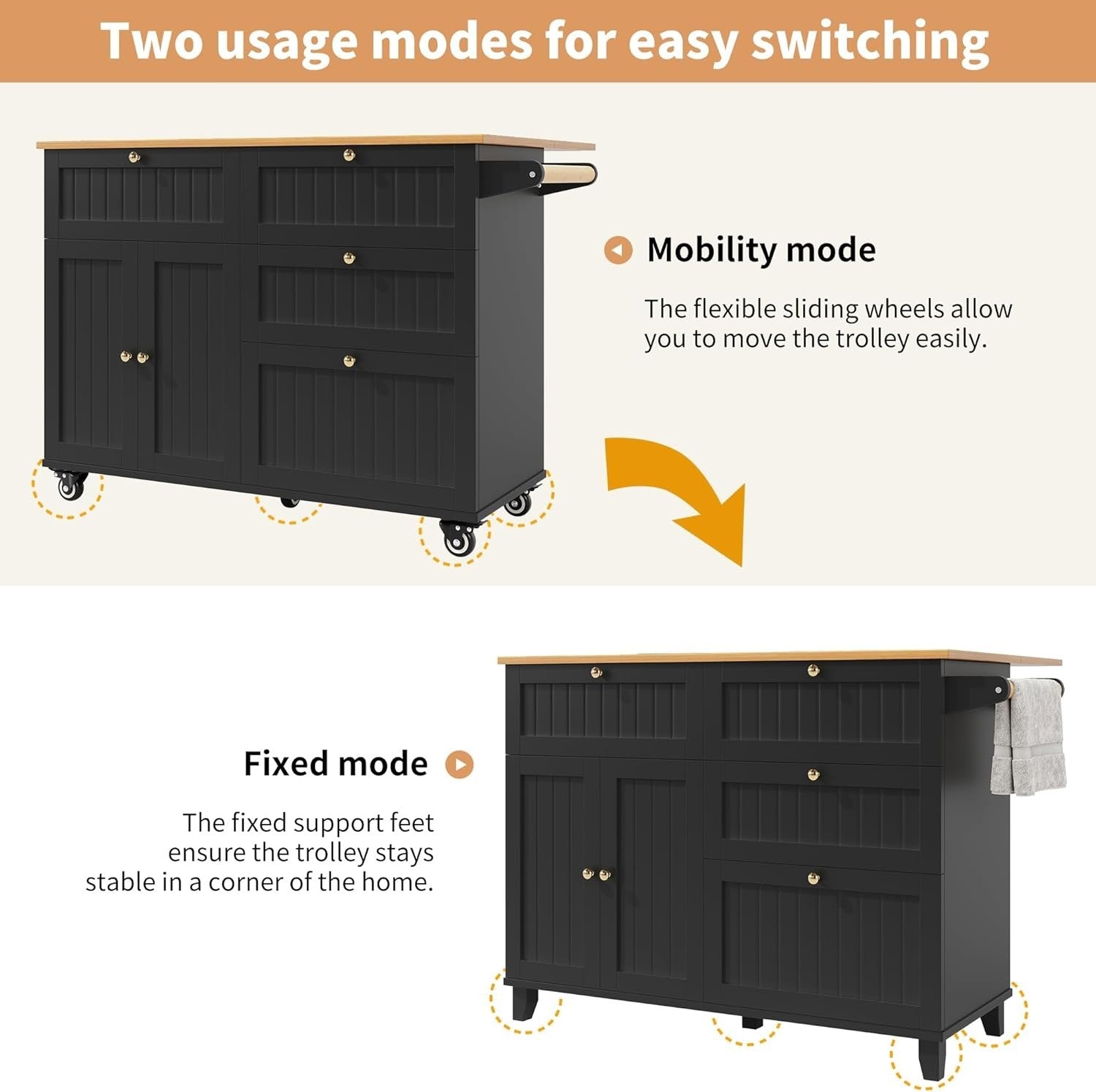 Rolling Kitchen Island with Foldable Worktop, Wine Rack & Spacious Storage